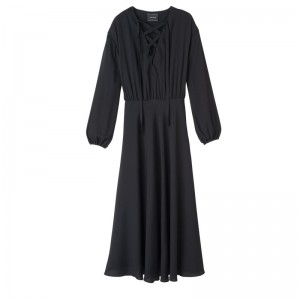 Black - Crepe de Chine Longchamp Long Women Dress | AU8568DF