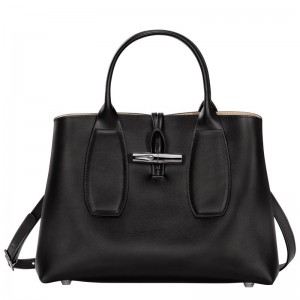 Black - Leather Longchamp Le Roseau M Women Handbag | AU7252BE