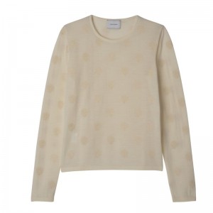 Ecru - Embroidered knit Longchamp Round neck Women Sweater | AU8581QM