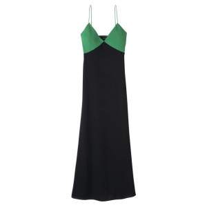 Green/Black - Fluid crepe Longchamp Long Women Dress | AU8569SG