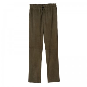 Khaki - Leather Longchamp Leather straight Women Pants | AU8701JP