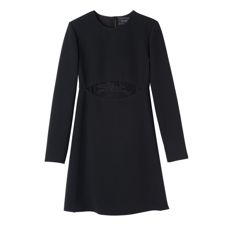 Black - Crepe Longchamp Short with belt patch Women Dress | AU8572OK