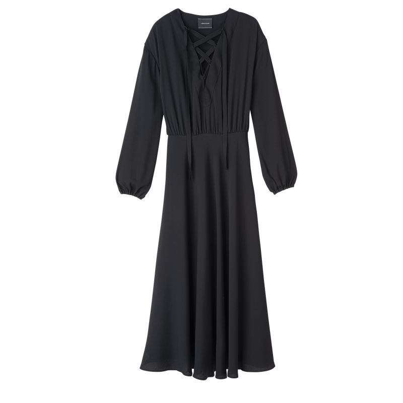 Black - Crepe de Chine Longchamp Long Women Dress | AU8568DF