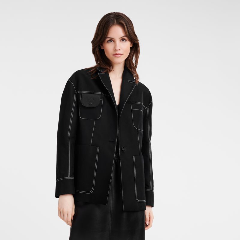 Black - Gabardine Longchamp Topstitching straight Women Jackets | AU8526EB