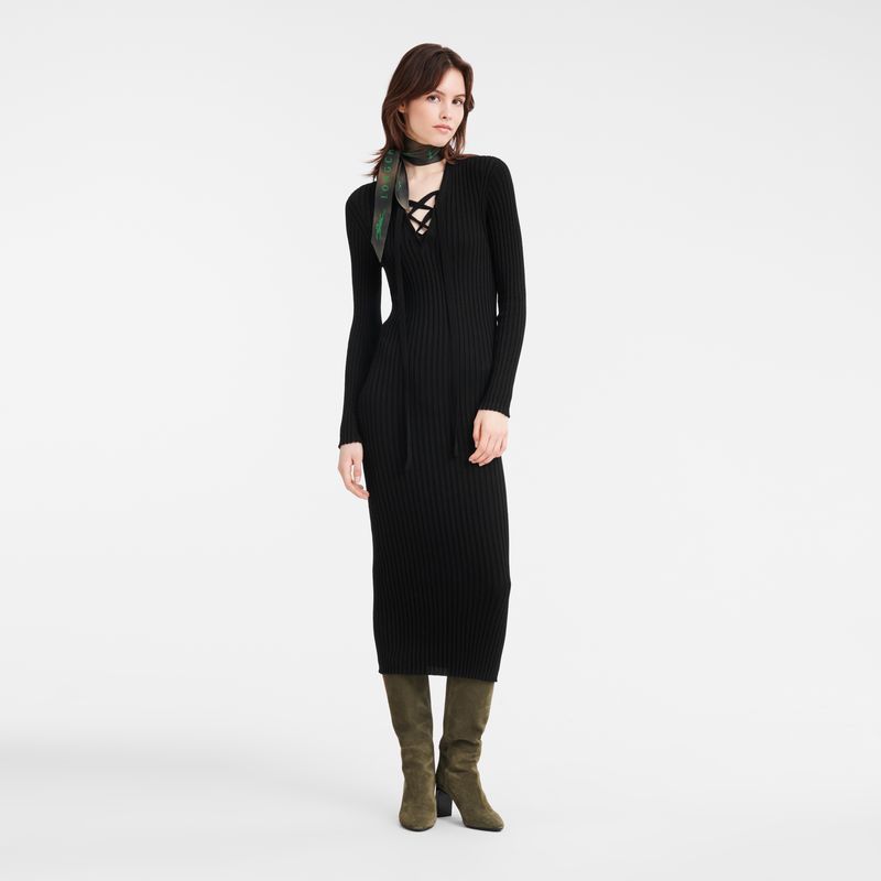 Black - Knit Longchamp Fitted long Women Dress | AU8616JP