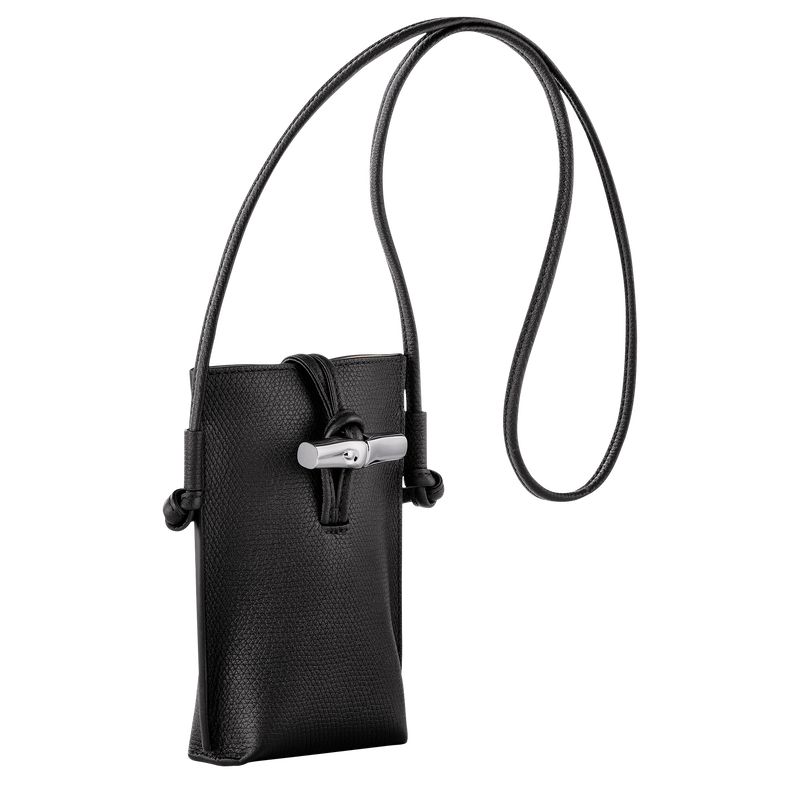 Black - Leather Longchamp Le Roseau 1 Women Phone Case | AU8026KO