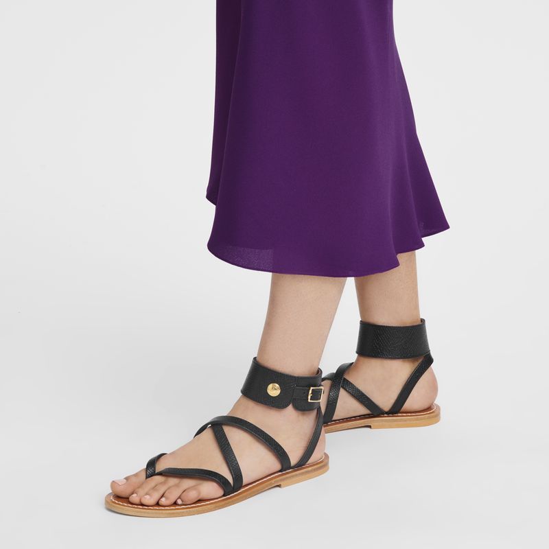 Black - Leather Longchamp Women Sandals | AU8744IL