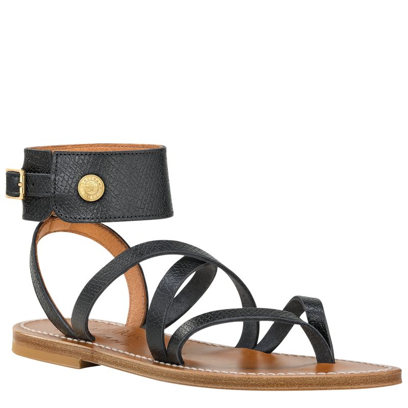 Black - Leather Longchamp Women Sandals | AU8744IL