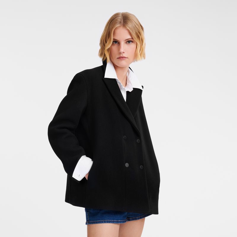 Black - Wool broadcloth Longchamp Straight peacoat Women Jackets | AU8529QM