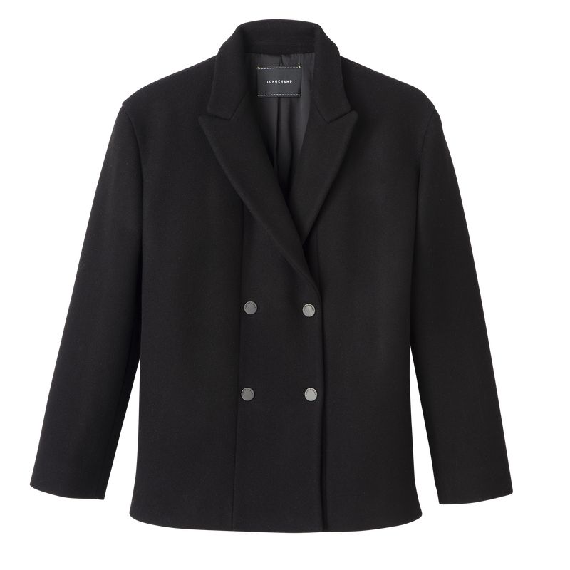 Black - Wool broadcloth Longchamp Straight peacoat Women Jackets | AU8529QM