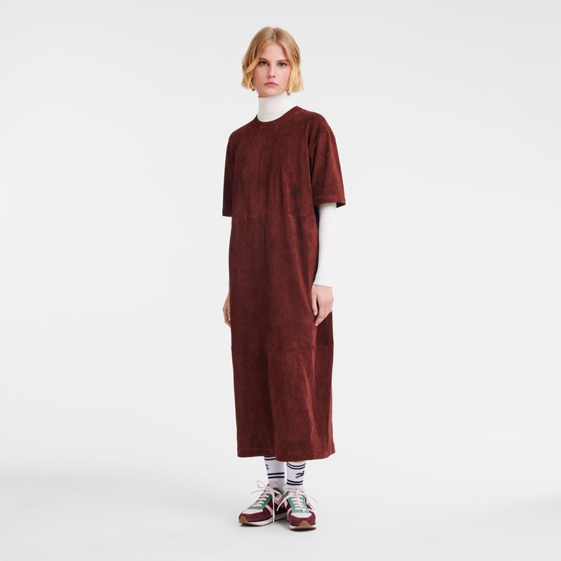 Burgundy - Leather Longchamp Leather long Women Dress | AU8574UZ