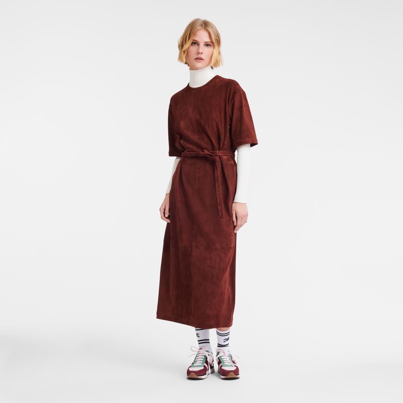 Burgundy - Leather Longchamp Leather long Women Dress | AU8574UZ