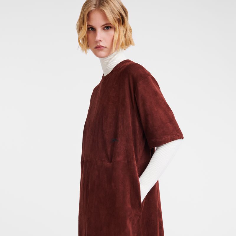 Burgundy - Leather Longchamp Leather long Women Dress | AU8574UZ