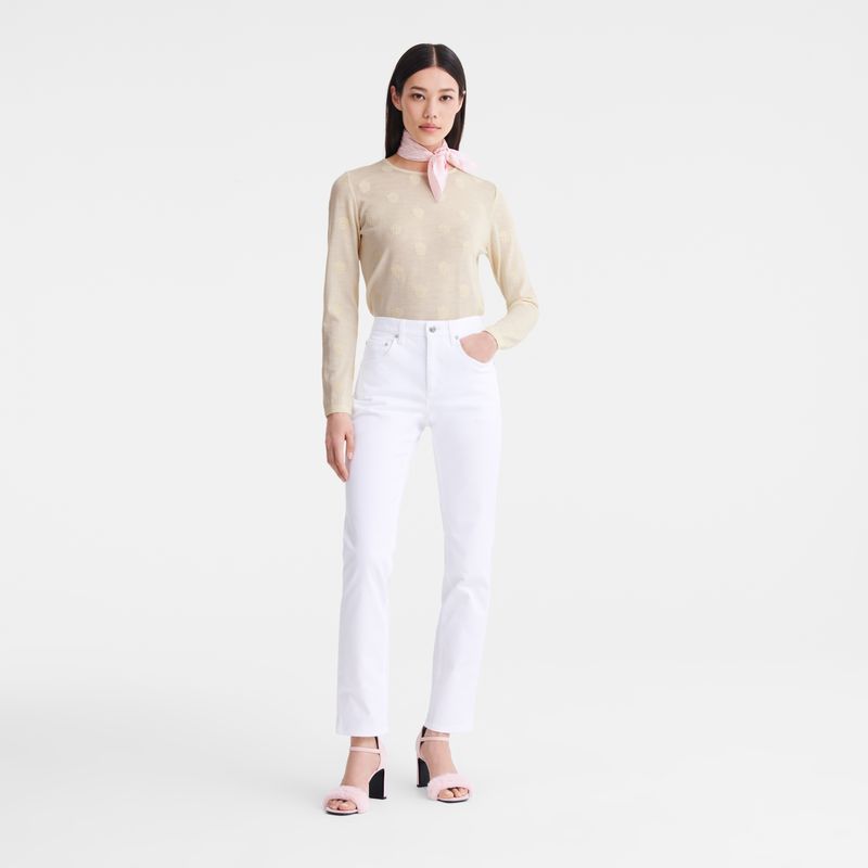 Ecru - Embroidered knit Longchamp Round neck Women Sweater | AU8581QM