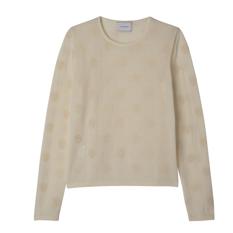 Ecru - Embroidered knit Longchamp Round neck Women Sweater | AU8659MQ