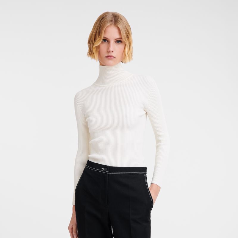 Ecru - Knit Longchamp High collar fitted Women Jumper | AU8603VR