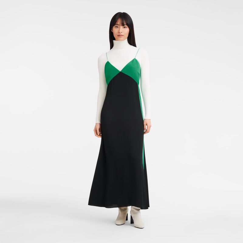 Green/Black - Fluid crepe Longchamp Long Women Dress | AU8569SG