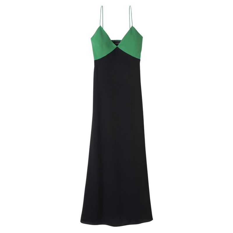 Green/Black - Fluid crepe Longchamp Long Women Dress | AU8569SG