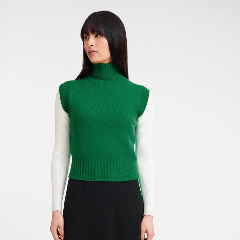 Green - Knit Longchamp High collar no sleeve Women Jumper | AU8605NW