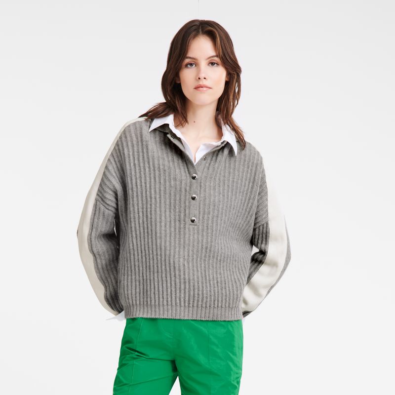 Grey - Knit Longchamp Polo collar Women Jumper | AU8600ZU