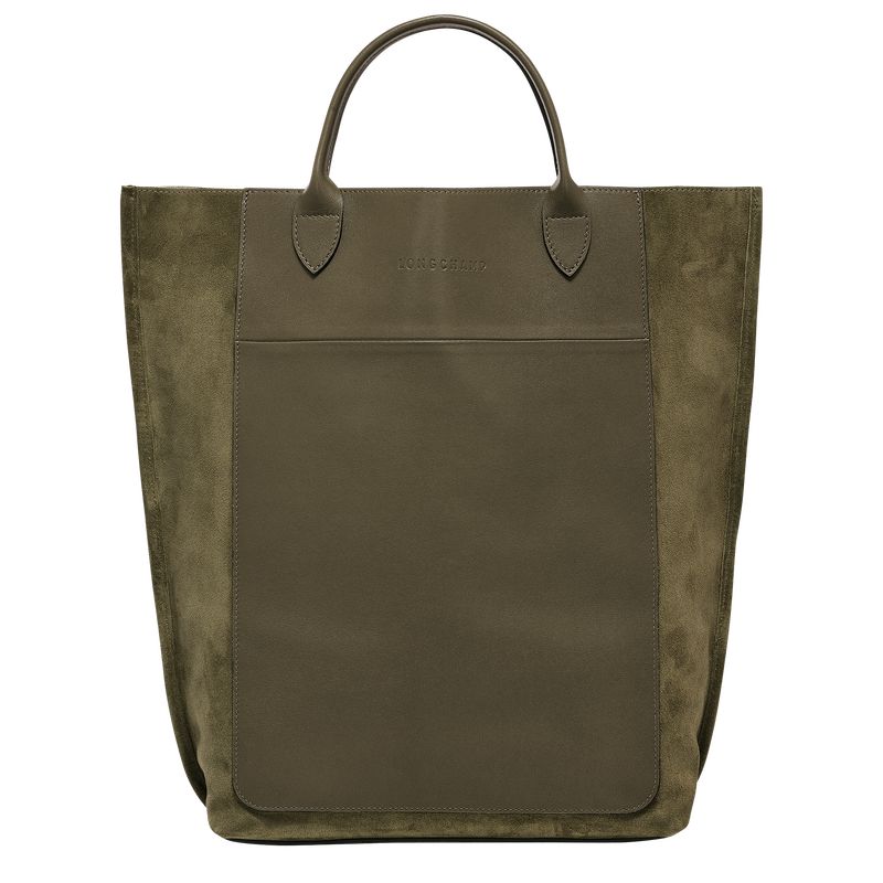 Khaki - Leather Longchamp Cabas M Tote Women Handbag | AU7212JP