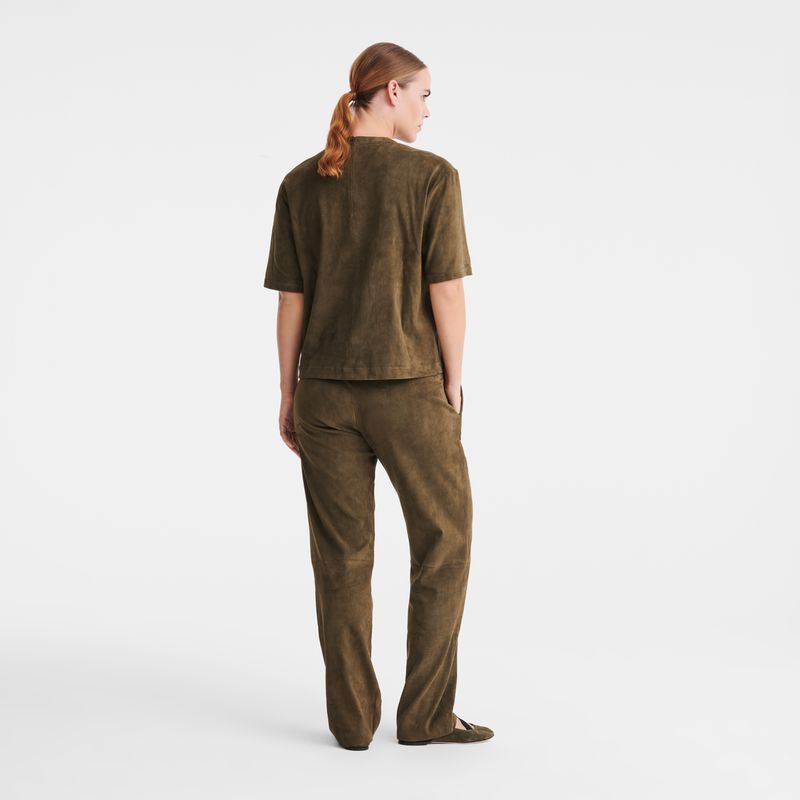 Khaki - Leather Longchamp Leather straight Women Pants | AU8701JP