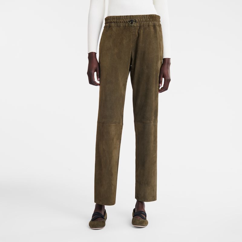 Khaki - Leather Longchamp Leather straight Women Pants | AU8701JP