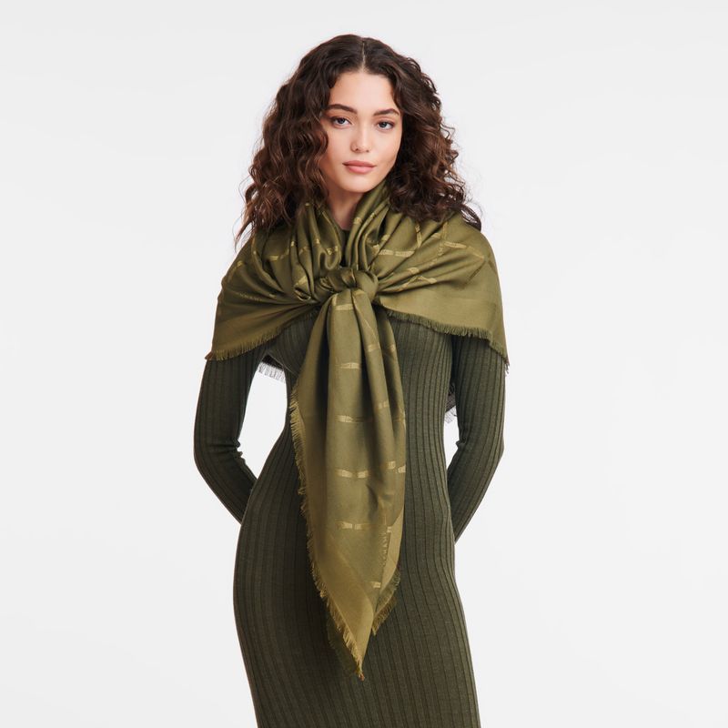 Khaki - Silk Blend Longchamp Le Roseau Shawl Women Stoles | AU8331AH