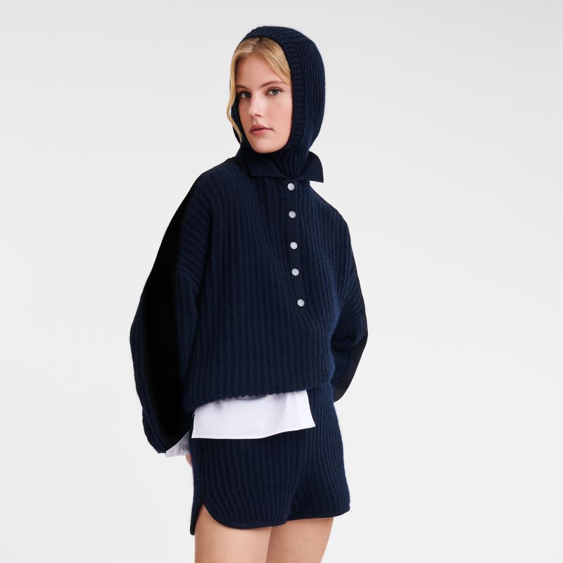 Navy - Knit Longchamp Polo collar Women Jumper | AU8680TC