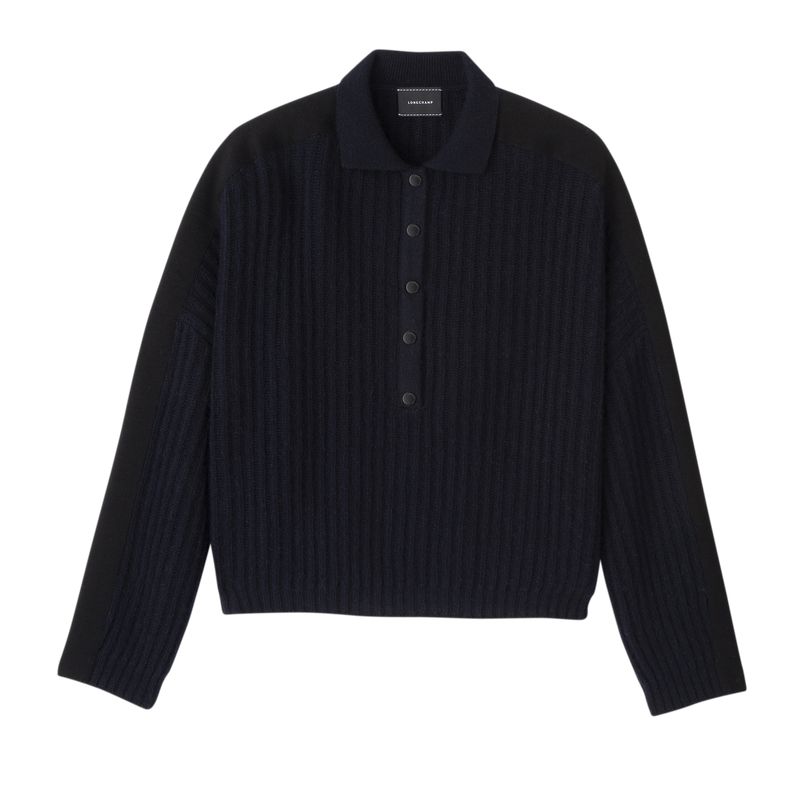 Navy - Knit Longchamp Polo collar Women Jumper | AU8680TC